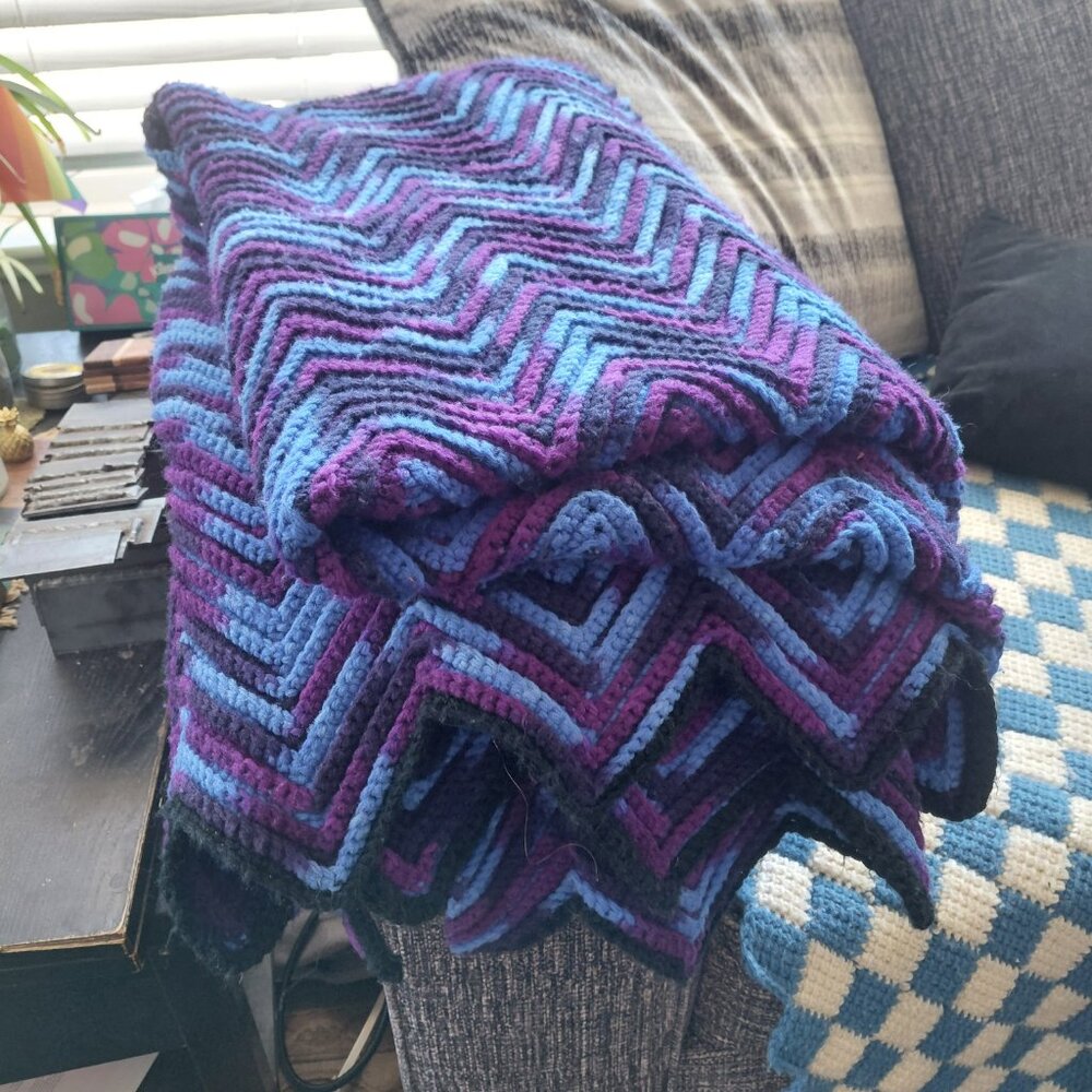 Vintage Handmade Crochet Chevron Blanket Throw Teal Purple Afghan 78x53 - Picture 2 of 11